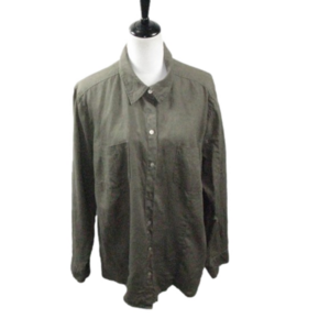 Lord & Taylor Woman Army Green 100% Linen Button Front Blouse Size 2X